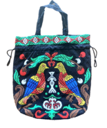 vintage Mexican hand beaded boho draw string purse tote handbag 15&quot; X 15... - $24.99