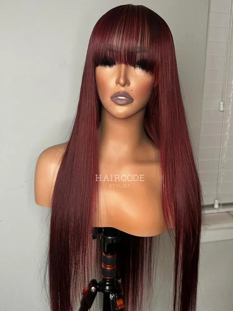 Straight Fringe Wigs 99J Dark Burgundy Human Hair Wig With Bangs Full Machi - £31.84 GBP+