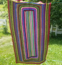 58&quot; Crochet Afghan Vintage Handmade Pink Red Green Striped 58&quot; x 35&quot; - £8.53 GBP