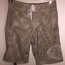 BILLABONG Taupe Plaid Andy Irons Rising Sun Plaid 21&quot; Boardshorts Sz 32 w/Comb - £58.40 GBP