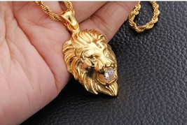 Elvis Presley Round Lion Head Crystal TCB Gold Plated Pendant Chain Necklace - £19.13 GBP