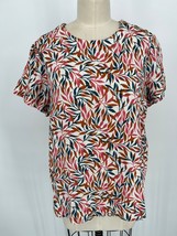 Lands&#39; End Linen T-Shirt Sz M Pink White Blue Floral Short Sleeve - £15.48 GBP