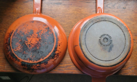 Vintage 2pc Cousances Orange Skillet Sauce Pan Set France Cast Iron #22 - $79.99