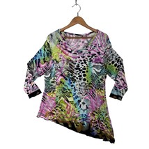 FUN Abstract Print Asymmetrical Hem 3/4 Sleeve T-Shirt - Pastel Rainbow - $14.84