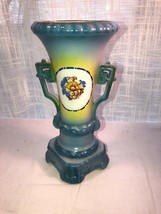 Vintage Blue &amp; Yellow Czecho-slavkian 2-Handled Urn Vase  7 3/4&quot; H - £19.65 GBP