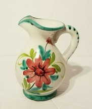 Miniature Hand Painted Pitcher Vase ITALY White  Teal Accents Pink Flower MINT  - £7.84 GBP
