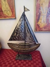Wicker &amp; Sheet Metal Decorative Sail Boat Home Decor Art Deco 26 x 17 x 6&quot; - £30.36 GBP
