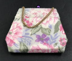 Floral Handbag w/ Lace &amp; Gold Tone Chain Brooch Pin 2.25x1.75 - £7.34 GBP