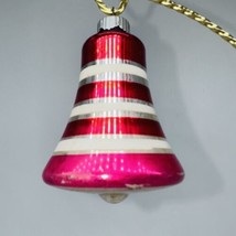 Auth Vintage Shiny Brite Striped Bell Glass Ornament 3&quot; Pink Red Silver White - $14.95