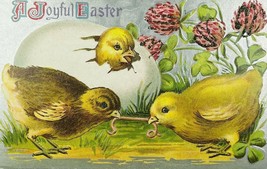 c. 1916 Two Chicks Fighting Over Worm w/ Hatching Chick Antique Easter P... - £4.63 GBP