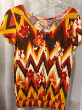 Lucky Brand Women&#39;s Top Orange Multi Print Short Sleeve Top Size XS - £7.79 GBP