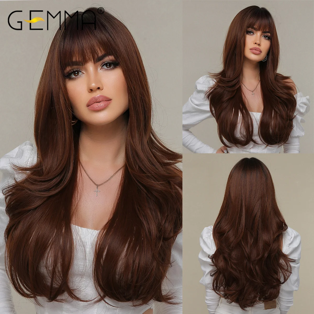 GEMMA Long Ombre Brown Wine Red Wave Synthetic Wigs with Bangs Cosplay Wavy W - £14.61 GBP+