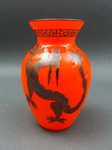 Czech Bohemian Art Deco Silver Overlay Orange Tango Art Glass Dragon Vase 8 1/4&quot; - £157.26 GBP
