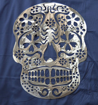 23" HUGE SUGAR SKULL DAY OF THE DEAD METAL WALL ART DECOR SILVER COLOR