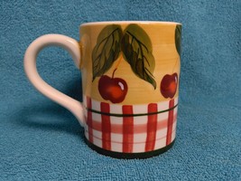 Lillian Vernon Red Cherries &amp; Striped Fence Drinking Coffee Tea Mug Ceramic - £13.82 GBP