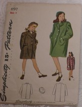 Simplicity Pattern 1197 Girls&#39; Coat and Hat Child Size 6 Vintage 1940&#39;s - £11.19 GBP