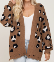 New In Mocha Leopard Print Knit Distressed Sweater Cardigan ( L ) - $39.57