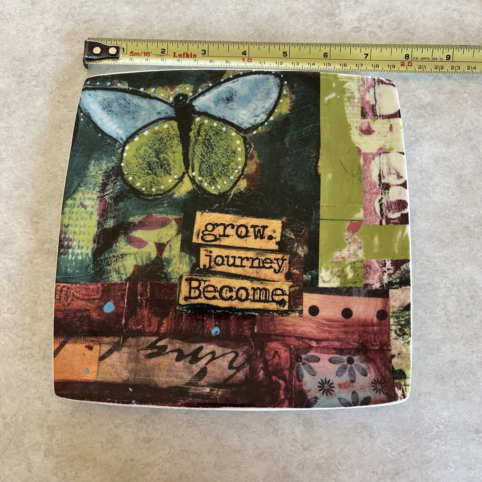 Creative Co-Op Square Plate 7.5” Inches Quote: Grow. Journey. Become. Colorful - $14.03