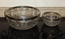 2pc Vintage Thumbprint Cut Glass 9&quot; &amp; 5&quot; Bowl Set With Silver Plate Rim - £31.69 GBP