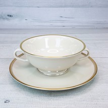 Vintage Pickard Broth Bowl 2 Handled Cup &amp; Saucer Set w Gold Hand Decora... - $48.49