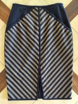 OBAKKI Navy Blue/Beige Stripe Slim Stretch Dress Pencil Skirt w/ Front S... - $29.30