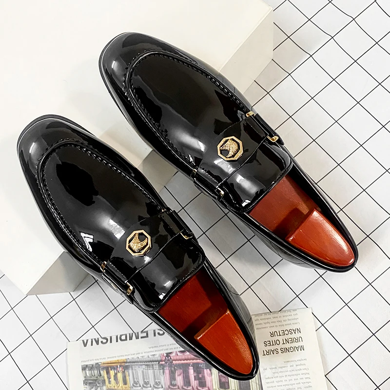 New Arrivals Loafers for Men Buckled Shiny Black Leather Shoes Slip-On O... - $55.15
