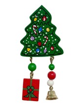Wooden Christmas Tree Painted Brooch w Dangling Beads Present &amp; Bell 1.75&quot; 3.25&quot; - £5.86 GBP