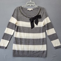 Loft Gray Wool Sweater Preppy Y2k Stripe Ribbon 3/4 Sleeves Top Womens S... - £5.55 GBP