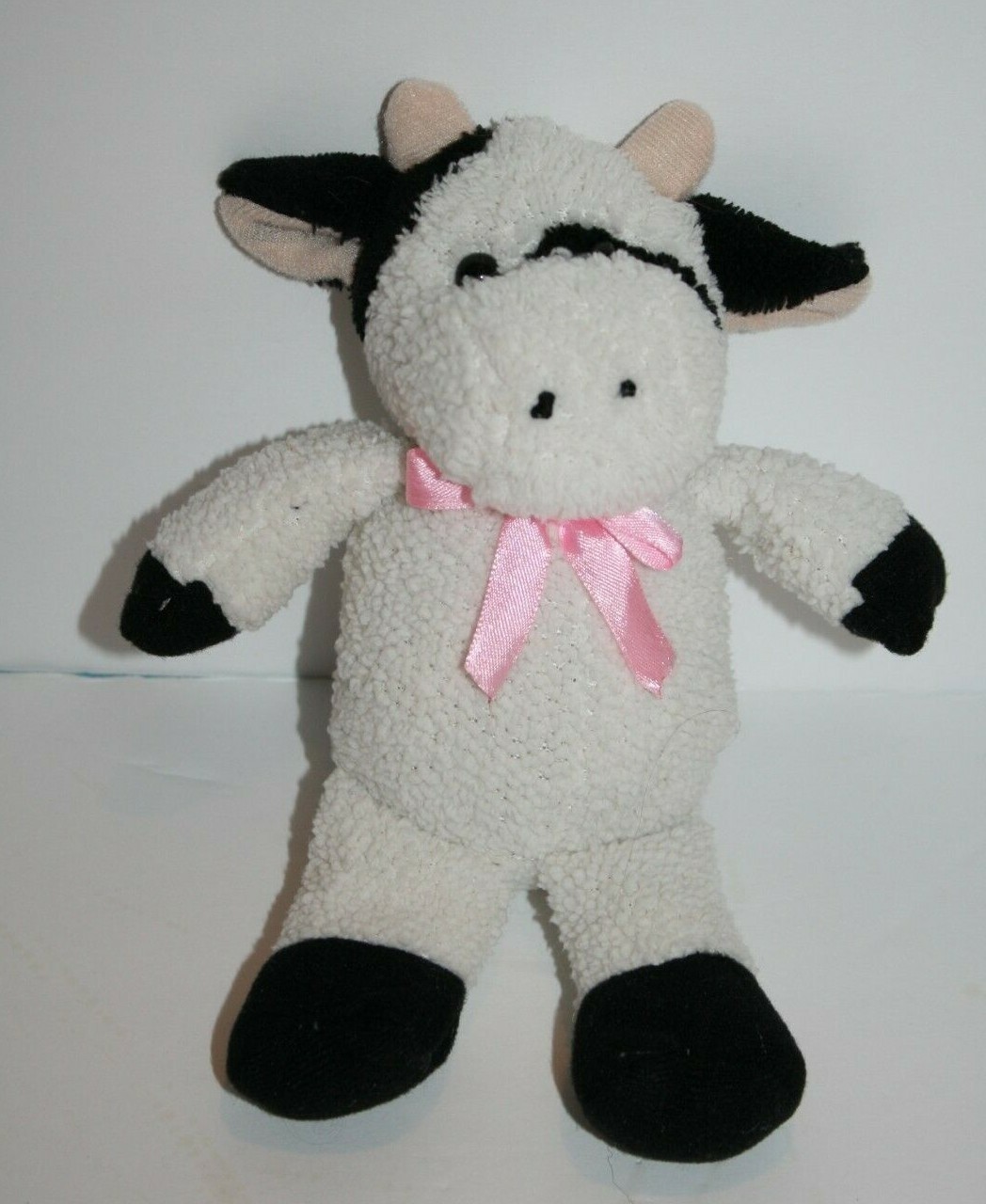 Atico Intl Black White Plush Cow 9&quot; Stuffed Farm Animal Pink Bow Small S... - $13.77