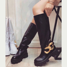 Brand Design Style Female Boots Square Heel Slip-On Black Knee-High Metal Decora - £84.00 GBP