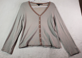 Boden T Shirt Top Womens 16 White Brown Striped Long Sleeve V Neck Button Front - £13.58 GBP