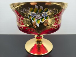 Murano Glass Milliaccio Venezia Italy 6 5/8&quot; Gold Red Compote Vase Vintage MCM - £183.02 GBP