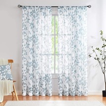 Blue White Sheer Curtains, 84&quot; Long, Leaf-Printed Linen Textured Semi-Sheer - £29.45 GBP