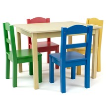 Kids Wood Table and Chairs Set 5-PC Natural Wood Colored Chair Toddler A... - $108.96