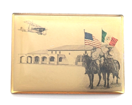 VTG American Mexican Men Horses Flags Biplane Aircraft Building Enamel Lapel Pin - $19.99