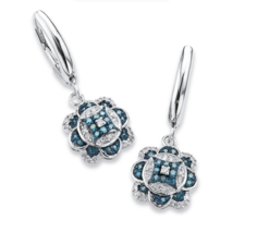 Enhanced Blue White Diamond Floral Motif Drop Earrings Platinum Sterling Silver - £393.57 GBP