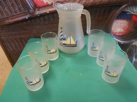 Great Set PITCHER and 6 Glasses-Smoke Glass design with Lighthouse and S... - $24.34