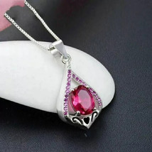 2Ct Oval Cut Lab-Created Pink Ruby Gorgeous Pendant 14K White Gold Plated Silver - £107.33 GBP