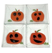 CRATE BARREL Glass Snack Plates Halloween 4 Pumpkin Jack-o-Lantern 6” Square - £16.37 GBP