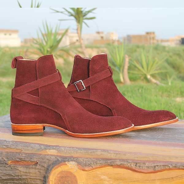 Maroon Red Jodhpur Rounded Buckle Strap Suede Leather High Ankle Boots US 7-16