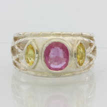 Pink Sapphire Ruby and Yellow Sapphire Handmade Silver Gents Ladies Ring size 9 - £151.11 GBP