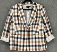 Talbots Petite 14P Plaid Blazer Cotton Linen Coral Navy Check One Button... - $54.44