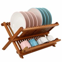 Teak Dish Drainer Rack Collapsible 2 Tier Dish Rack Dish Drying Rack Foldable Pl - £43.45 GBP