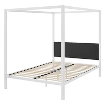 Queen size White Metal Canopy Bed Frame with Grey Fabric Upholstered Hea... - $7,830.90 MXN