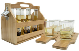 Wooden Bottle Caddy with Opener &amp; Sampler Boards, Drink Holder for Beer, Soda - £47.15 GBP