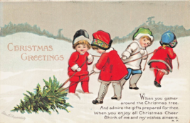 Clapsaddle Christmas Greetings-Children Pulling christmas Tree~1910s POSTCARD - £10.45 GBP