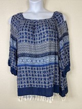 Westport Womens Plus Size 1X Blue Mosaic Cold Shoulder Blouse 3/4 Sleeve Tassled - £7.71 GBP