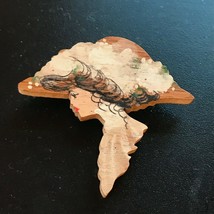 Estate Artist Signed Carved Wood Hand Painted Victorian Lady Head Pin Brooch –  - £11.87 GBP