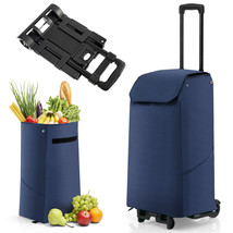 Folding Shopping Cart Rolling Utility Cart w/ Removable Waterproof Bag Dark Blue - £47.97 GBP