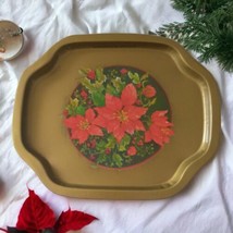 Mini Metal Poinsettia Tray Christmas Tin Snack Cookie Plate Gold Red Vintage 80s - £7.80 GBP